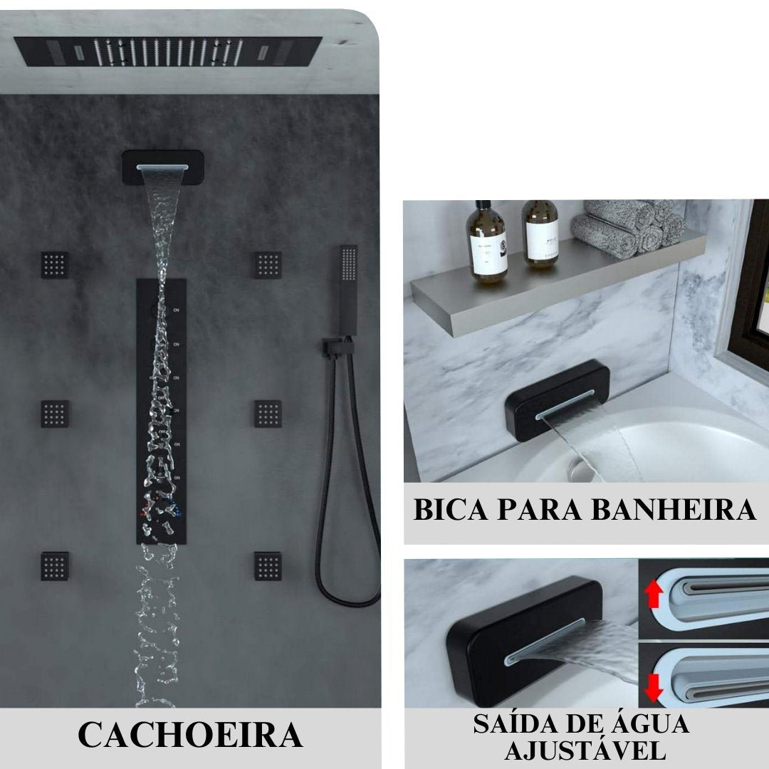 Chuveiro de Teto Inteligente Luxo LED com Cachoeira e Jatos Corporais - Sistema Completo