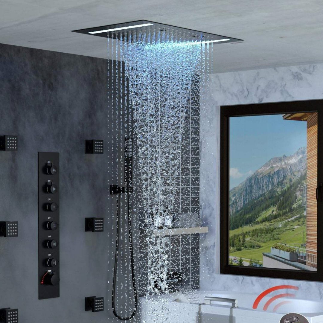 Chuveiro de Teto Inteligente Luxo LED com Cachoeira e Jatos Corporais - Sistema Completo