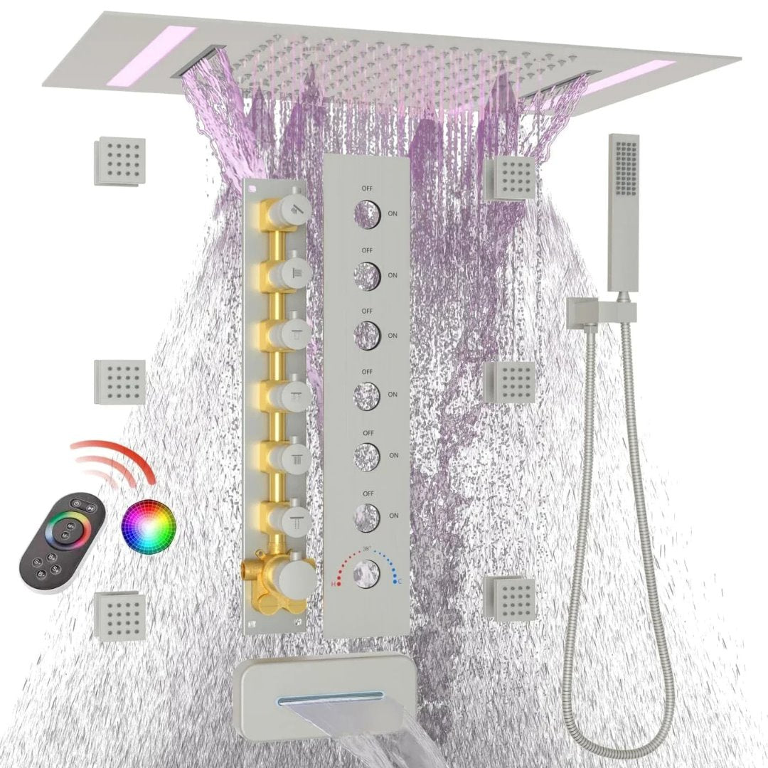 Chuveiro de Teto Inteligente Luxo LED com Cachoeira e Jatos Corporais - Sistema Completo